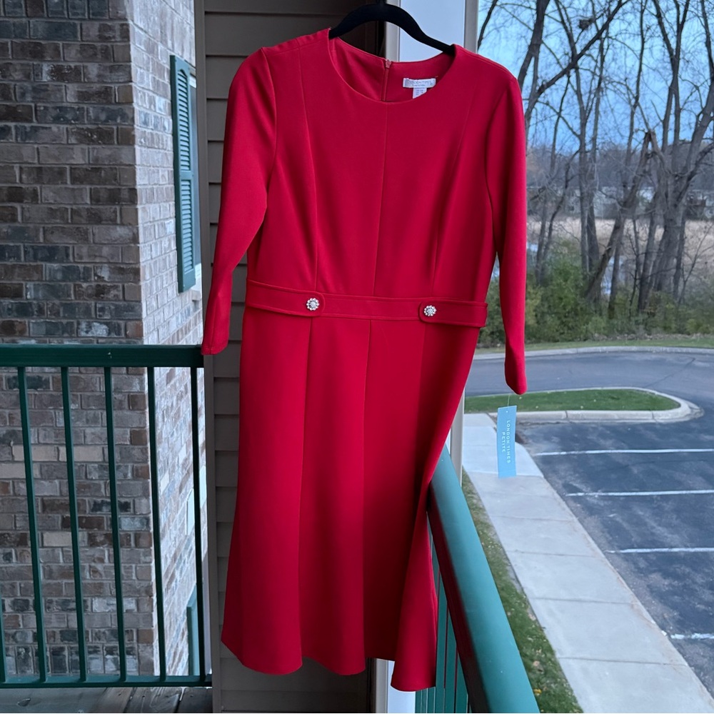 🆕 ✨London Times Red Midi Dress Petite 12P Rhinestone Elegant Office Silhouette - Picture 3 of 15